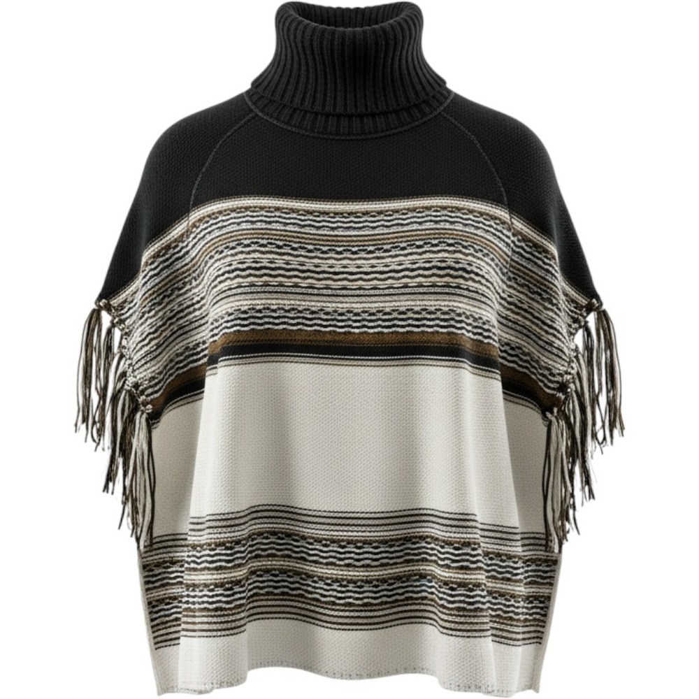 Apt 9 Womens Poncho Sweater One Size Black White Colorblock Fringe Mock Neck NWT